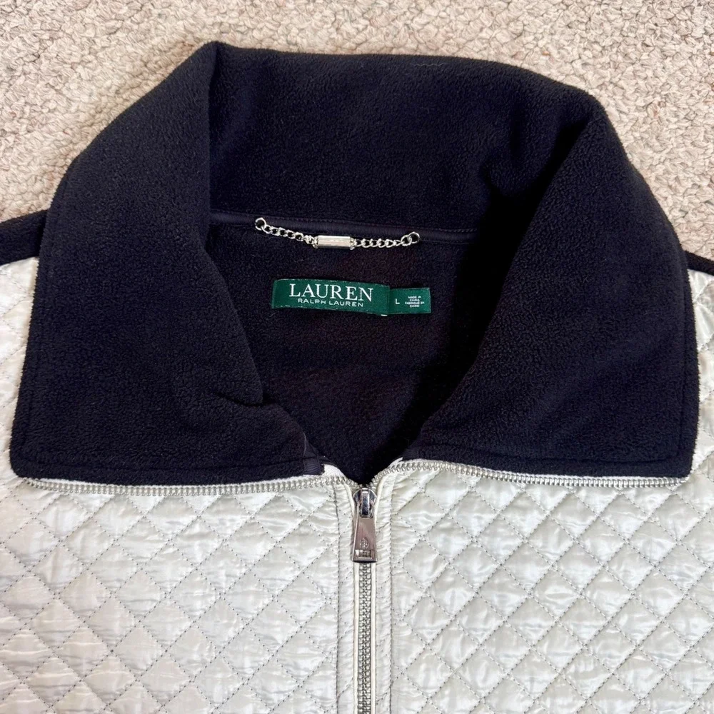 Lauren‎ Ralph Lauren Women Quilted Fleece Jacket Full Zip Black Cream Size L